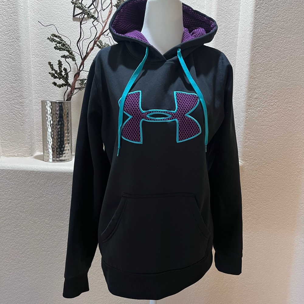 Under Armour Womens Big Logo Semi Fitted Black Pullover Hoodie Drawstring Medium